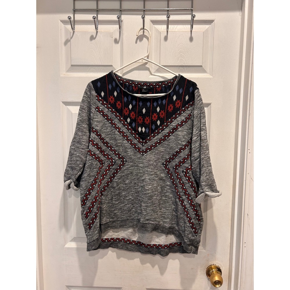 H&M Womens Gray Southwestern Embroidered Sweatshirt Boho 3/4 Sleeve Pullover L‎